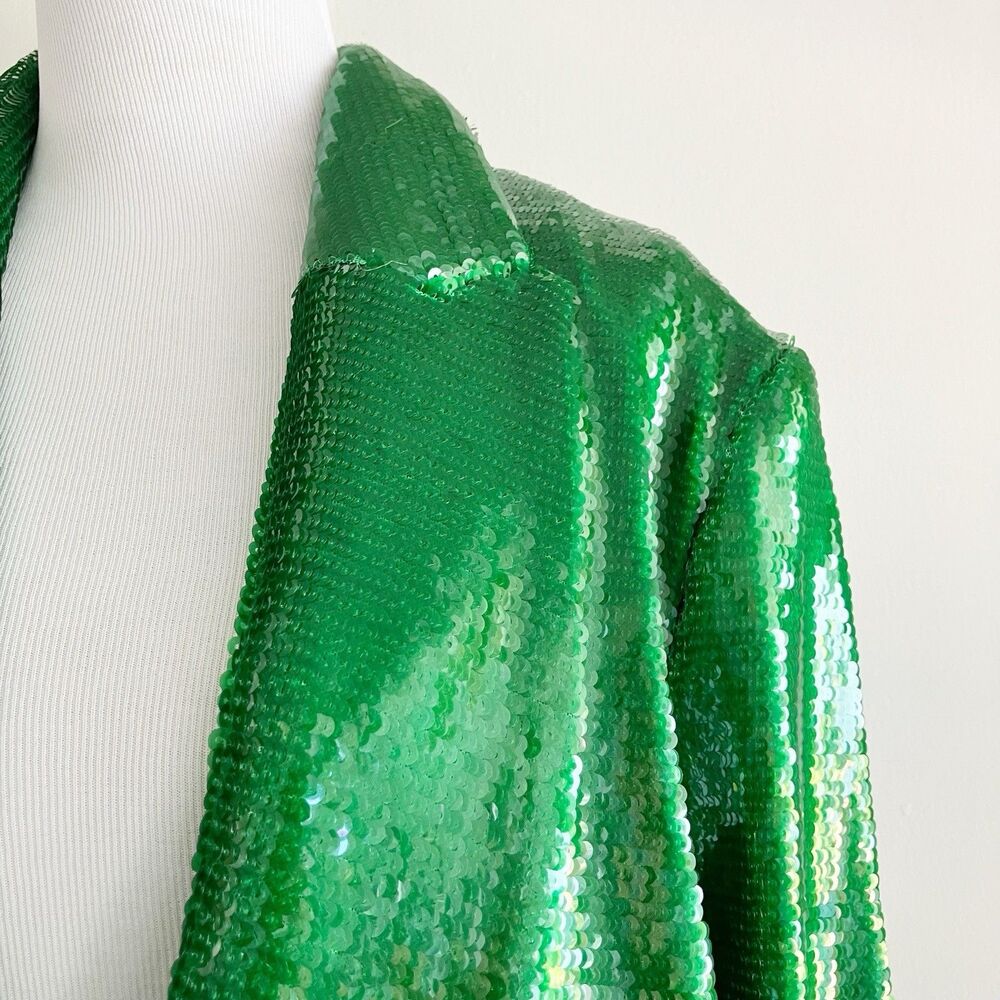 River Island Sequin Blazer Jacket US Size 8 Emerald Green Open Ruched Sleeve - Picture 2 of 7